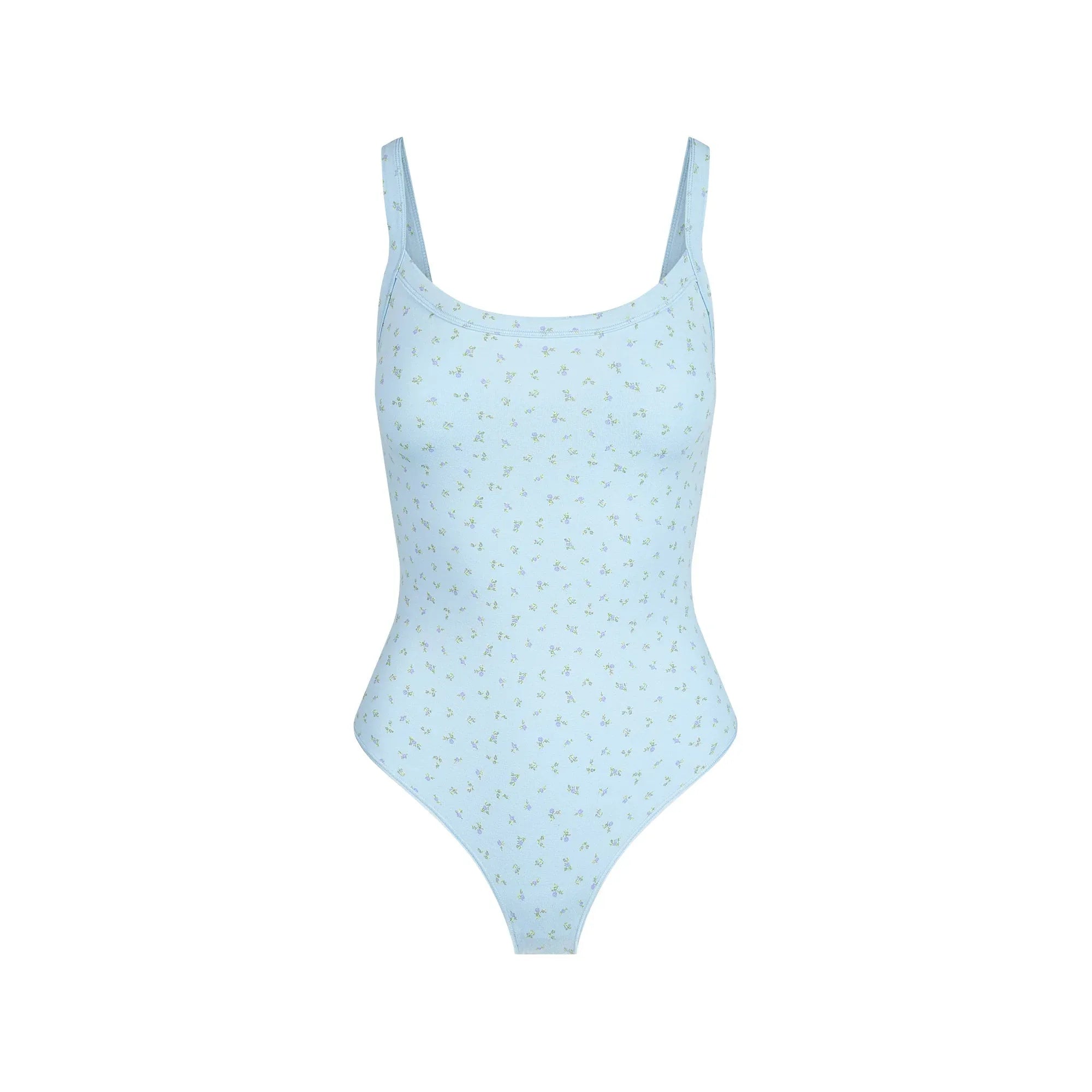 SKIMS COTTON JERSEY SCOOP NECK BODYSUIT | POWDER BLUE MICRO FLORAL - BODYSUIT